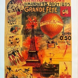Grand Fête Vintage Art Poster with Eiffel Tower Replica Travel Poster Print NEW